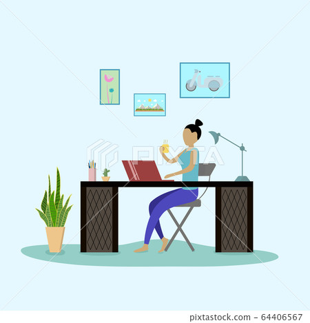 Work at home concept design.One woman works online with a laptop on a loft table.Vector illustrator.Online work,stardy,shopping. Work at home concept design.One woman works online with a laptop on a loft table.Vector illustrator.Online work,stardy,shopping. 64406567