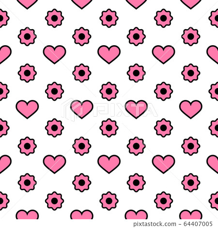 Vector Seamless Pattern. Pink hearts and flowers with a black outline on a white background. Modern illustration great for festive background, design greeting cards, textiles, packing, wallpaper, etc. Vector Seamless Pattern. Pink hearts and flowers with a black outline on a white background. Modern illustration great for festive background, design greeting cards, textiles, packing, wallpaper, etc. 64407005