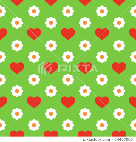 Seamless Pattern with red hearts and white flowers. Modern vector illustration on a green background. Great for festive background, design greeting cards, print, textile, packing, wallpaper, etc. Seamless Pattern with red hearts and white flowers. Modern vector illustration on a green background. Great for festive background, design greeting cards, print, textile, packing, wallpaper, etc. 64407006