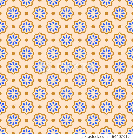 Vector seamless pattern. Abstract simple flower design. Blue and brown elements on a beige background. Modern minimal illustration perfect for backdrop graphic design, textiles, print, packing, etc. 64407012