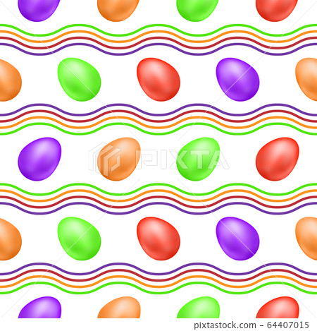 Seamless Pattern with colorful 3D Easter eggs and wavy lines. Vector illustration on white background. Great for celebration Easter designs, festive background, greeting cards, prints, packing, etc. 64407015