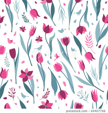 Tulip vector seamless pattern on white background. Tulips flat illustration icon of tulip. 8 March day. Women s day. Vector surface illustration. 64407788