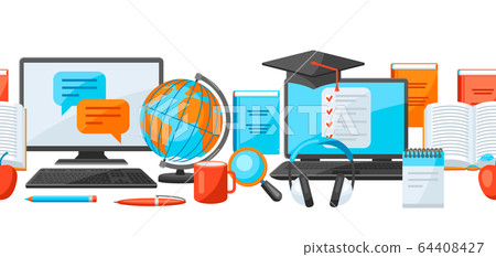 Seamless pattern with online studying at home items. Distance education. 64408427