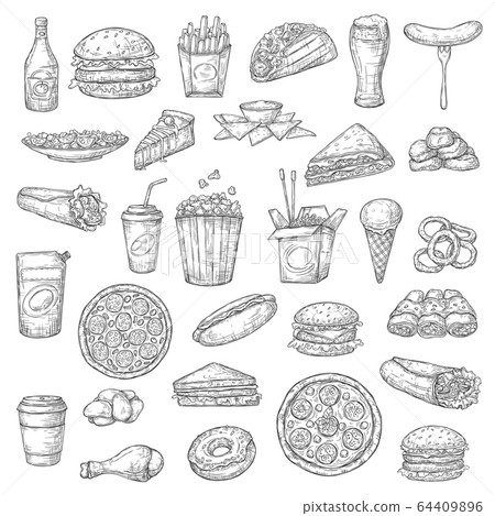 Fast food burgers, drinks and desserts 64409896