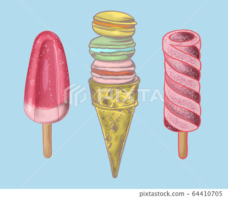 Vector illustration of three ice creams of different shapes and sizes on a light blue background Vector illustration of three ice creams of different shapes and sizes on a light blue background 64410705
