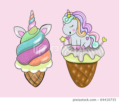 Vector illustration of ice cream in the style of blue-pink unicorns on a light pink background 64410735