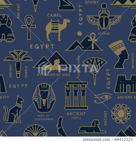 A seamless pattern based on the symbols of ancient Egypt. Cats, lotus flowers, camels, buffaloes and 64412225