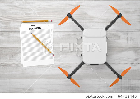3d rendering of white drone with notes and pencils on white wooden desk background 64412449