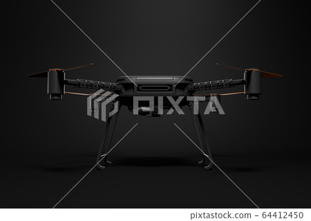 3d front rendering of black drone with camera standing on dark gray gradient background. 3d front rendering of black drone with camera standing on dark gray gradient background. 64412450