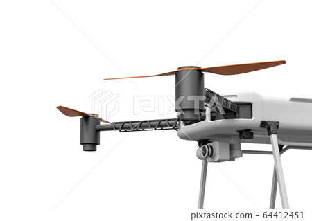 3d close-up side view rendering of part of light gray quadcopter with camera isolated on white background. 3d close-up side view rendering of part of light gray quadcopter with camera isolated on white background. 64412451