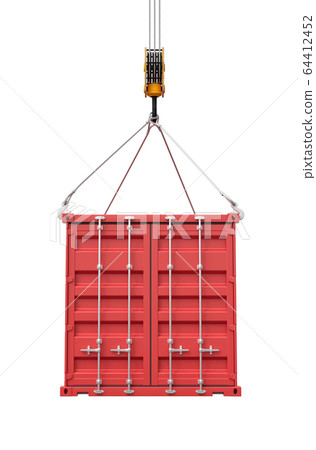 3d rendering of closed red cargo container suspended from crane, isolated on white background. 3d rendering of closed red cargo container suspended from crane, isolated on white background. 64412452
