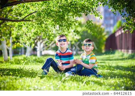 Happy summer holidays. Two happy children on a 64412615