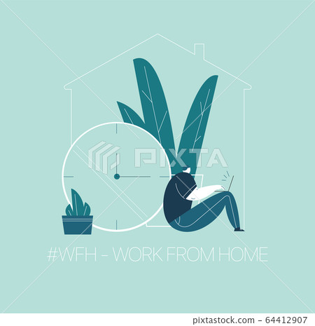 WFH - Work from home, home office. An employee works from home because of the COVID-19 coronavirus epidemic. Thin lines illustration in flat style. 64412907