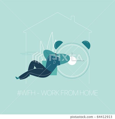 WFH - Work from home, home office. An employee works from home because of the COVID-19 coronavirus epidemic. Thin lines illustration in flat style. 64412913