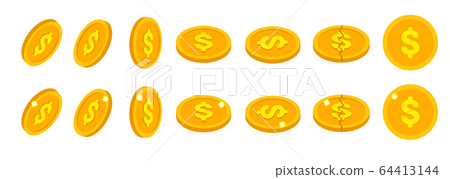 Set of golden dollar coins icons in flat isometric style 64413144