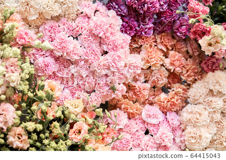Floral carpet or Wallpaper. Background of mix of flowers. Beautiful flower for catalog or online store. Floral shop and delivery concept. Top view. Copy space 64415043