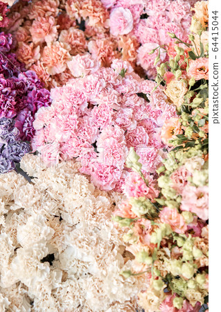 Floral carpet or Wallpaper. Background of mix of flowers. Beautiful flower for catalog or online store. Floral shop and delivery concept. Top view. Copy space Floral carpet or Wallpaper. Background of mix of flowers. Beautiful flower for catalog or online store. Floral shop and delivery concept. Top view. Copy space 64415044