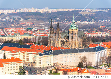 Aerial view of Prague Castle, Czech: Prazsky hrad, with Saint Vitus Cathedral. Panoramic view from Petrin lookout tower. Prague, Czech Republic Aerial view of Prague Castle, Czech: Prazsky hrad, with Saint Vitus Cathedral. Panoramic view from Petrin lookout tower. Prague, Czech Republic 64415315
