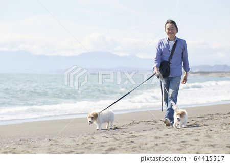 Senior man active dog sea dog 64415517