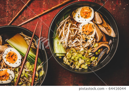 Japanese Ramen soup with chicken, eggs and Japanese Ramen soup with chicken, eggs and 64416044