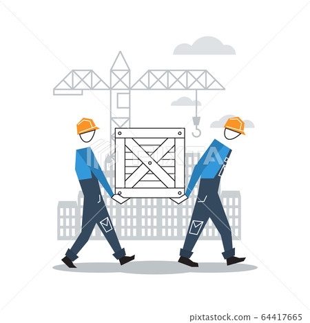 Two workers moving boxes together 64417665