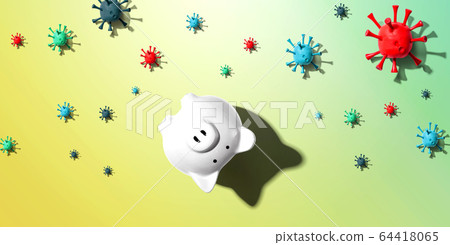 Upside down piggy bank with epidemic influenza and Covid-19 concept Upside down piggy bank with epidemic influenza and Covid-19 concept 64418065
