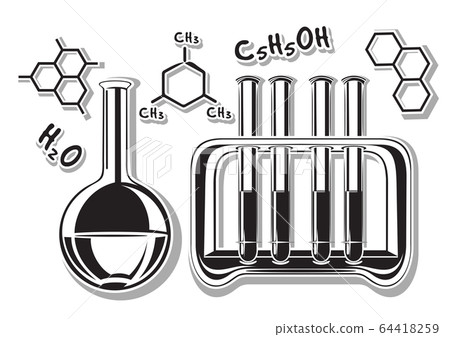 Vector icon flask, tube rack and chemical formulas Vector icon flask, tube rack and chemical formulas 64418259