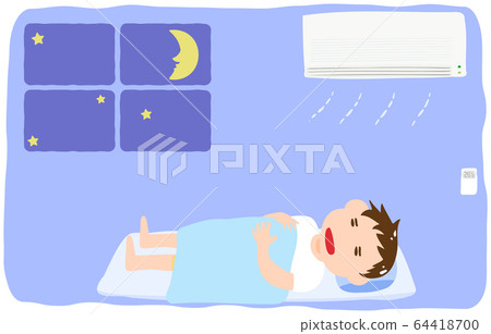 Illustration of a boy sleeping in a cool room with an air conditioner 64418700