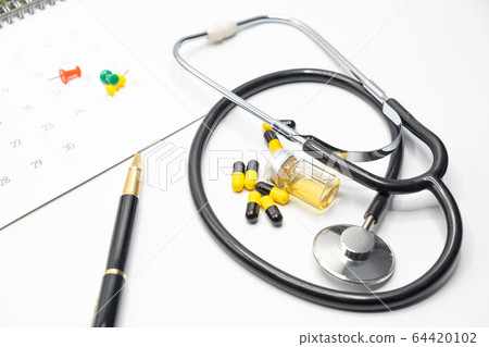 Top view of accessories healthcare  medical doctor and  hospital in problem protective COVID-19 concept 64420102