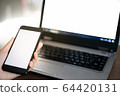 Close up hand of women using smartphone and laptop in working concept 64420131