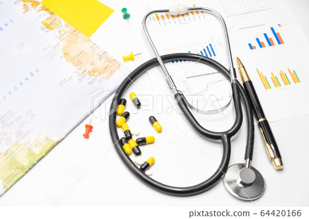 Top view of accessories healthcare  medical doctor and  hospital in problem protective COVID-19 concept 64420166