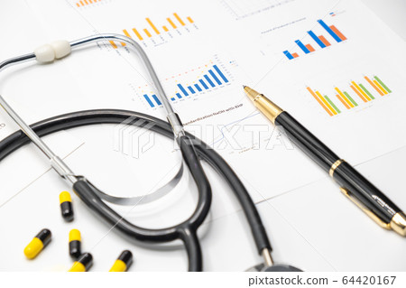 Top view of accessories healthcare  medical doctor and  hospital in problem protective COVID-19 concept 64420167