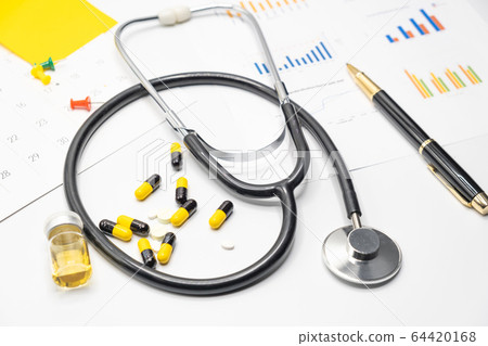 Top view of accessories healthcare  medical doctor and  hospital in problem protective COVID-19 concept 64420168