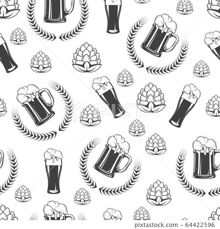 Beer glass with hops and wheat wreath seamless pattern 64422596