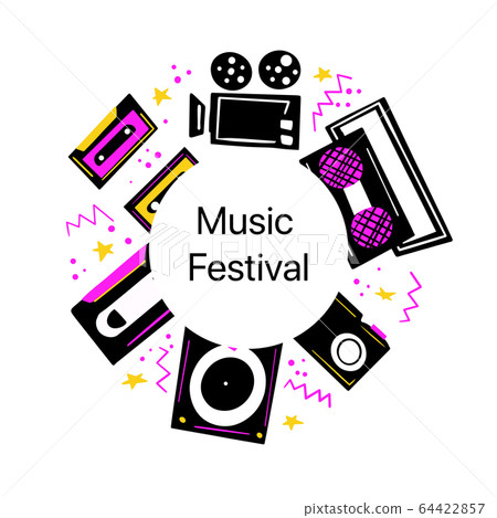 Vector illustration with different art elements, music player, tape recorder, movie camera, camera, cassette. 64422857