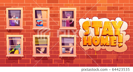 Stay home poster with people in windows 64423535