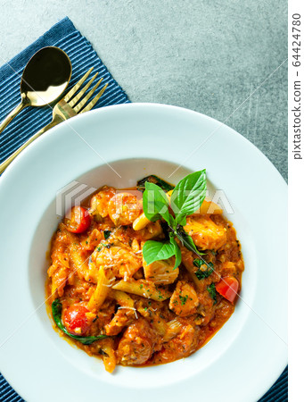 Stir fried macaroni prawn with tomato sauce and Stir fried macaroni prawn with tomato sauce and 64424780