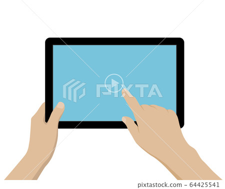 Cartoon illustration of hand holding tablet with Cartoon illustration of hand holding tablet with 64425541