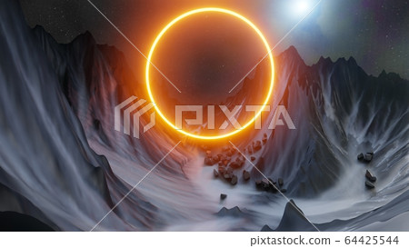 Abstract background of mountains and orange neon circle 64425544