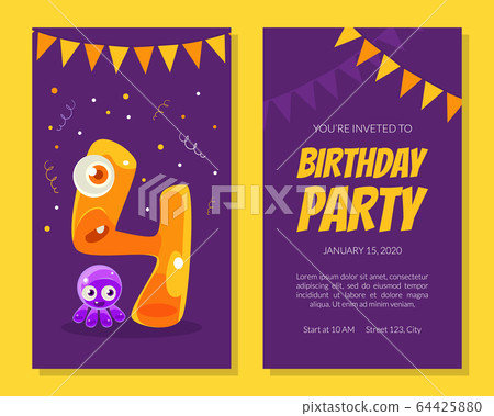 Birthday Party Invitation Card Template, Banner, Poster with Cute Funny Jelly Monsters Vector illustration Birthday Party Invitation Card Template, Banner, Poster with Cute Funny Jelly Monsters Vector illustration 64425880