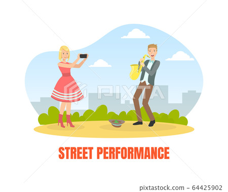 Street Performance, Male Street Musician Playing Saxophone, Creative People Profession or Hobby Vector Illustration Street Performance, Male Street Musician Playing Saxophone, Creative People Profession or Hobby Vector Illustration 64425902