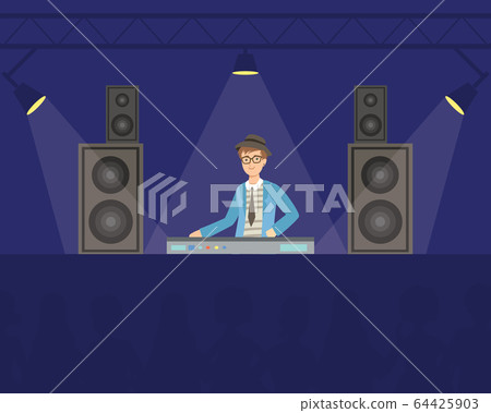 DJ in Headphones Mixing Music Playing Music on Mixer Console Deck, Creative People Profession or Hobby Vector Illustration DJ in Headphones Mixing Music Playing Music on Mixer Console Deck, Creative People Profession or Hobby Vector Illustration 64425903