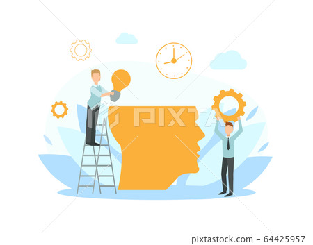 Tiny Business People Working Together Putting Ideas in Human Head, Creative Ideas, Collaborating, Solving Problems, Brainstorming Vector Illustration 64425957