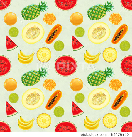 Hand drawn seamless pattern with bananas, orange, pineapples papaya and watermelon. 64426500