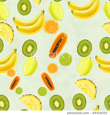 Hand drawn seamless pattern with bananas, pineapples papaya kiwi fruit and lemon. Hand drawn seamless pattern with bananas, pineapples papaya kiwi fruit and lemon. 64426503