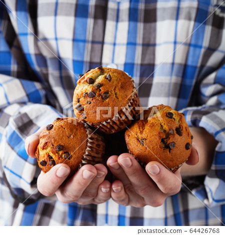 a woman is holding chocolate chip muffins a woman is holding chocolate chip muffins 64426768