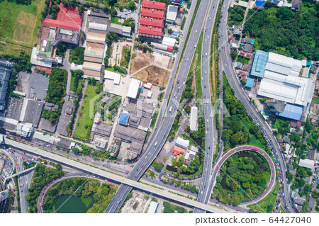 City traffic road with modern building aerial view 64427040