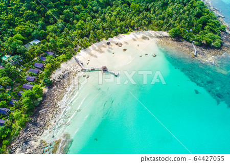 Aerial view sea island beach green coconut tree Aerial view sea island beach green coconut tree 64427055