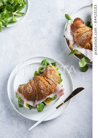 Fresh croissant with green salad Fresh croissant with green salad 64428183
