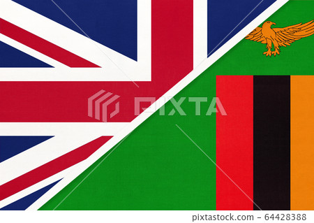 United Kingdom vs Zambia national flag from textile. United Kingdom vs Zambia national flag from textile. 64428388